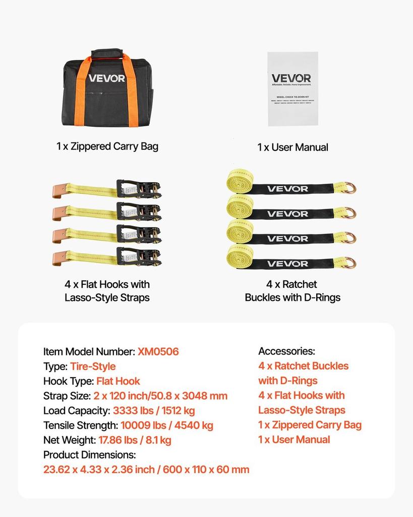 Wheel Chock Tie-Down Kit, Tire-Style Motorcycle Tie-Down System, Car Tie Down Kit with Flat Hook, Break Strength 4540 Kg & Working Load 1512 Kg