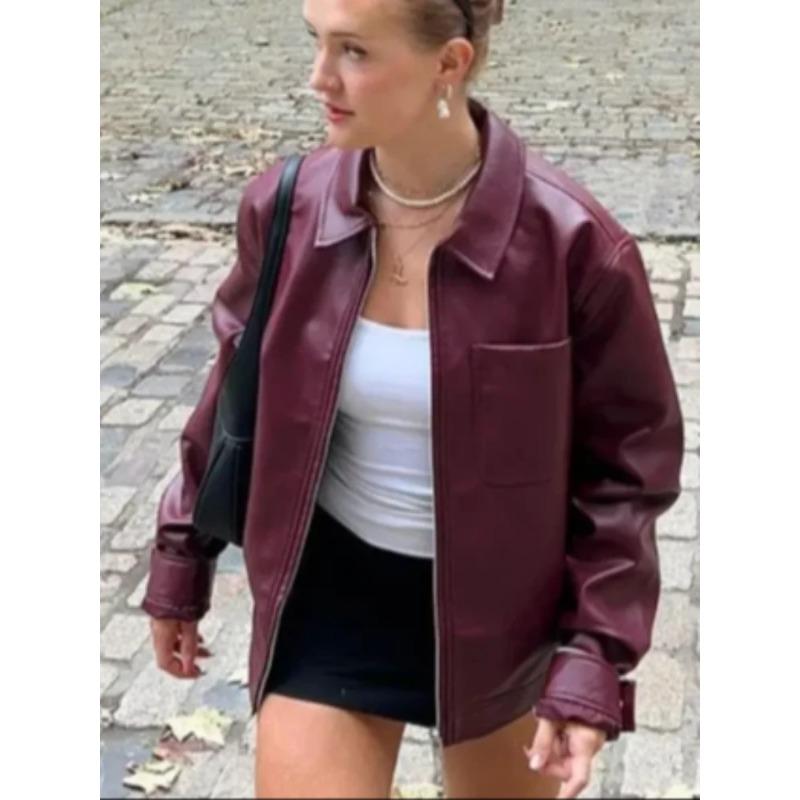 Pu Leather Lace-up Short Jacket for Women Fashion Lapel Long Sleeves Irregular Coat Ladies Office Commute Outwear