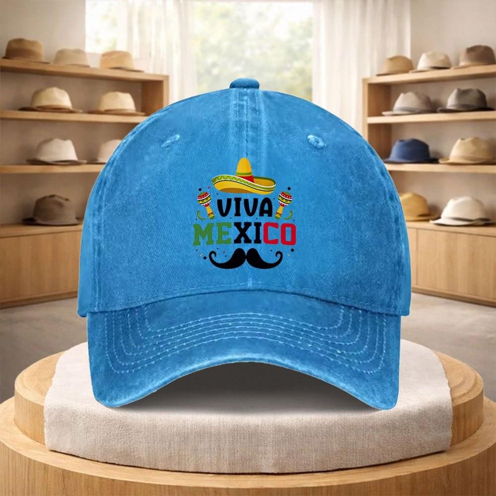 Viva Mexico Sombrero Print Washed Denim Baseball Cap Adjustable Casual Street Style Hat for Unisex