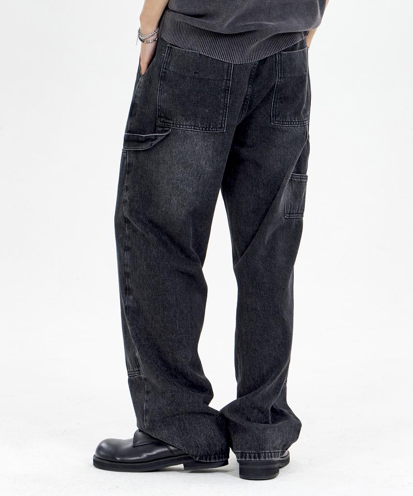 Biel Double Knee Carpenter Vintage Washed Work Denim Pants Black