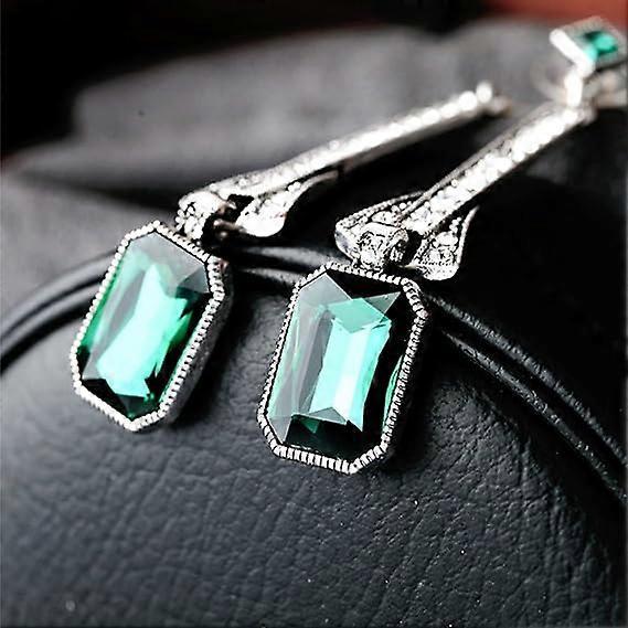 Boucles d'oreilles pendantes carrées en argent sterling plaqué avec pierre verte, Boucles d'oreilles Zirconia Émeraude pour Anniversaire Fête de Noël