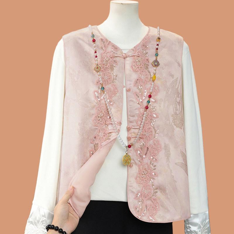 

Mom’s Spring Chinese-Style Jacquard Cardigan Vest for Middle-Aged & Elderly Women L (for 120-140 lbs)