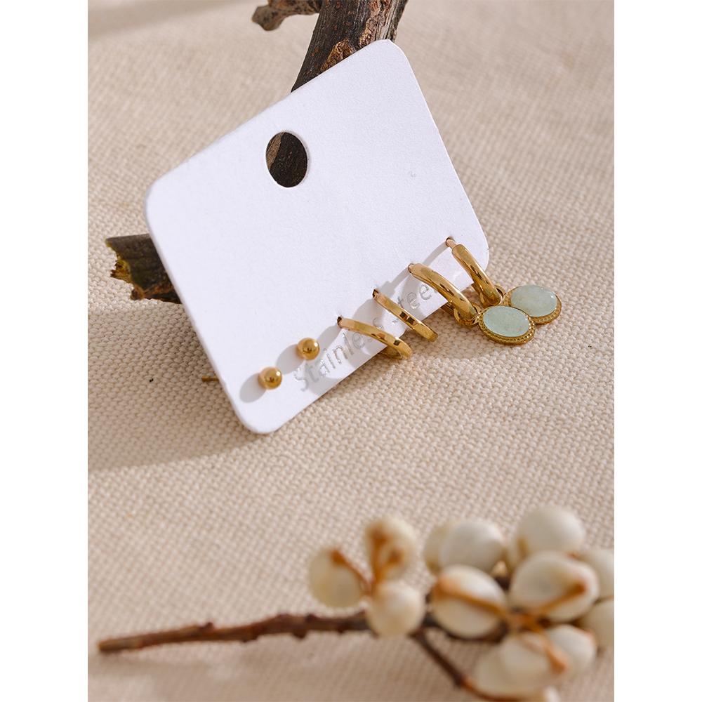 Yhpup 1 Set Fashion Natural Stone Drop Stainless Steel C Shape Geometric Stud Earrings Set Women Golden Chic Jewelry Gala Gift