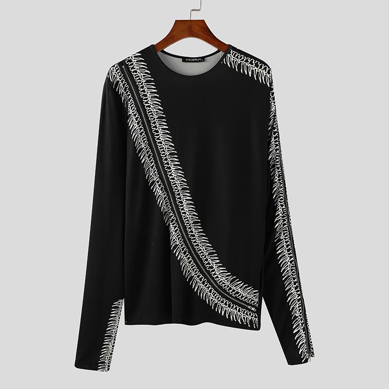 INCERUN Men Spring Long Sleeve Print Undershirts Casual Slim Zipper Hem Tops