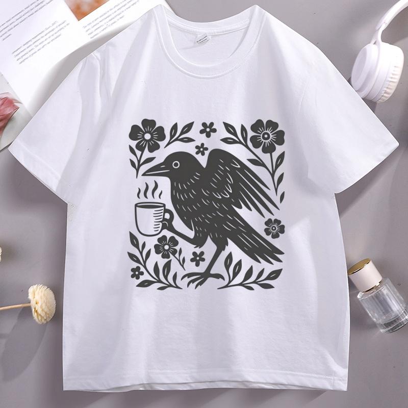 Bohemianstyle Crow Tshirt Designed for Coffee Lovers Casual Shortsleeved Comfortable Round Neck Full of Street StyleYK