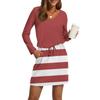 Women's Fashion V-Neck Long Sleeve Drawstring With Pocket Stripe Printed Casual Dresses