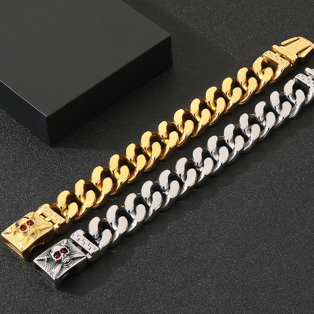 Braccialetti Punk Teschio Viso Testa Uomo Con Occhi Rossi Zirconia Cubica Acciaio Inossidabile Catena Link Cubana Bracciali Gioielli Cyberpunk Regali Vichinghi