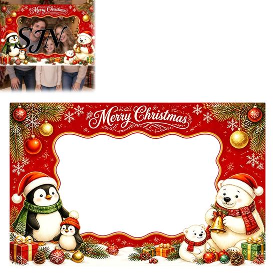 Portable Christmas Background Banner Cartoon Photo Booth Frame Banner, Xmas Selfie with Elk Festive Seasonal Event Penguin Bear, Holiday Party