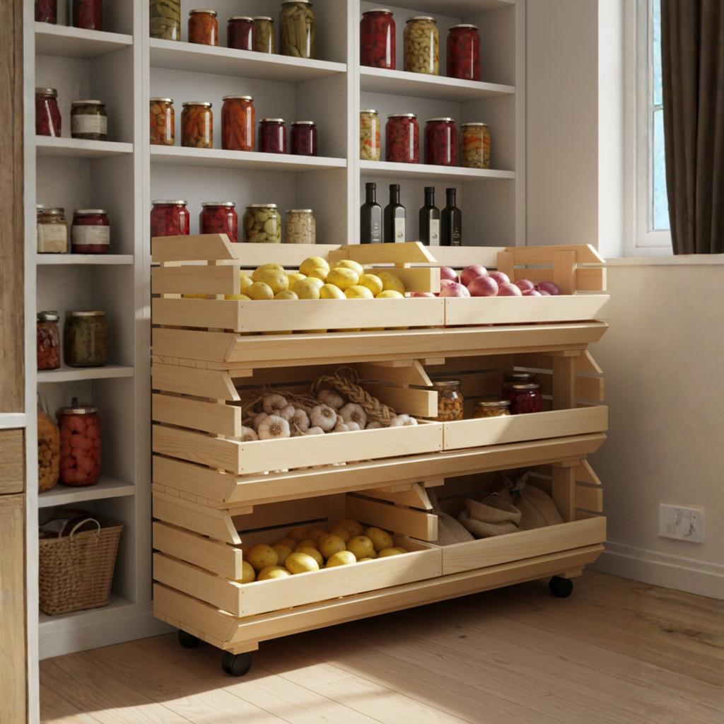Wooden Modular Shelf for Vegetables and Fruits, 3-Tier, On Wheels | GoodFreshDecor