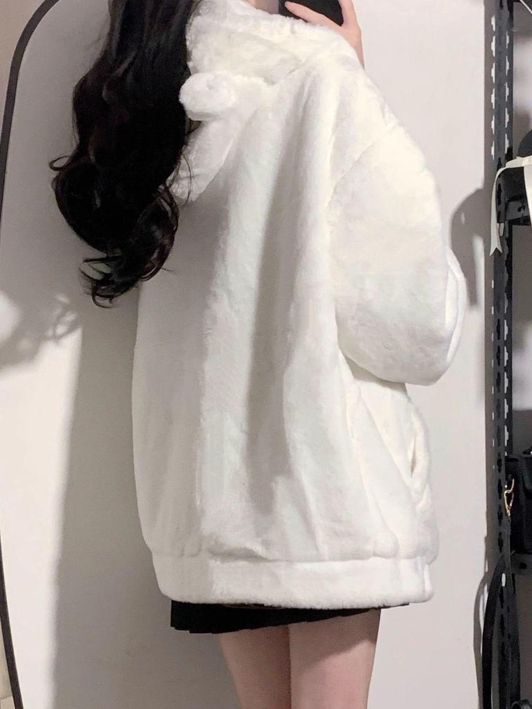 Women's Milk-Soft Rabbit Fur Plush Cardigan - Winter Korean Style, Cute & Cozy Hooded Design, Loose Fit