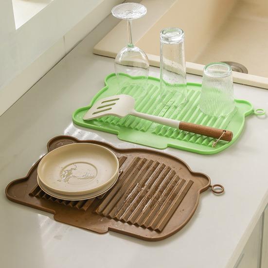 Silicone Dish Drying Mat with Non-Slip Base Heat-Resistant Drainage Rack for Kitchen Countertop Foldable Insulation Pad for Sink Table Use