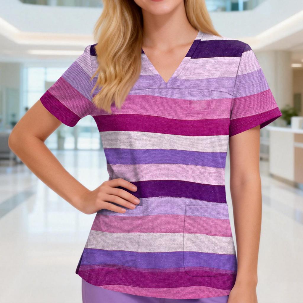 Women's V-neck Three-pocket Short-sleeved Striped Printed  Uniform/caregiver Top With Slits At The Hem