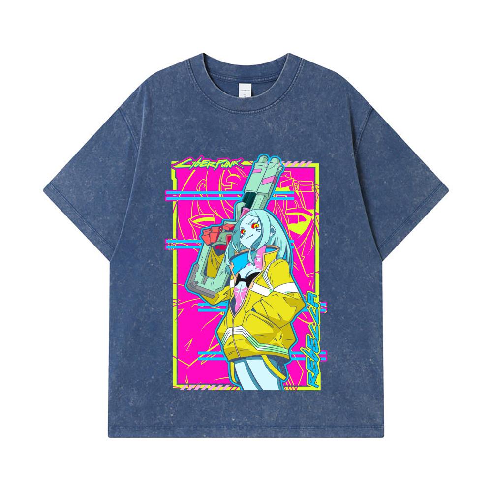 

275 GSM Washed T-shirts 100% Cotton Cyberpunk Edgerunners V6 Rebecca Print Unisex Heavy Cotton T Shirt 2XL королівський синій колір