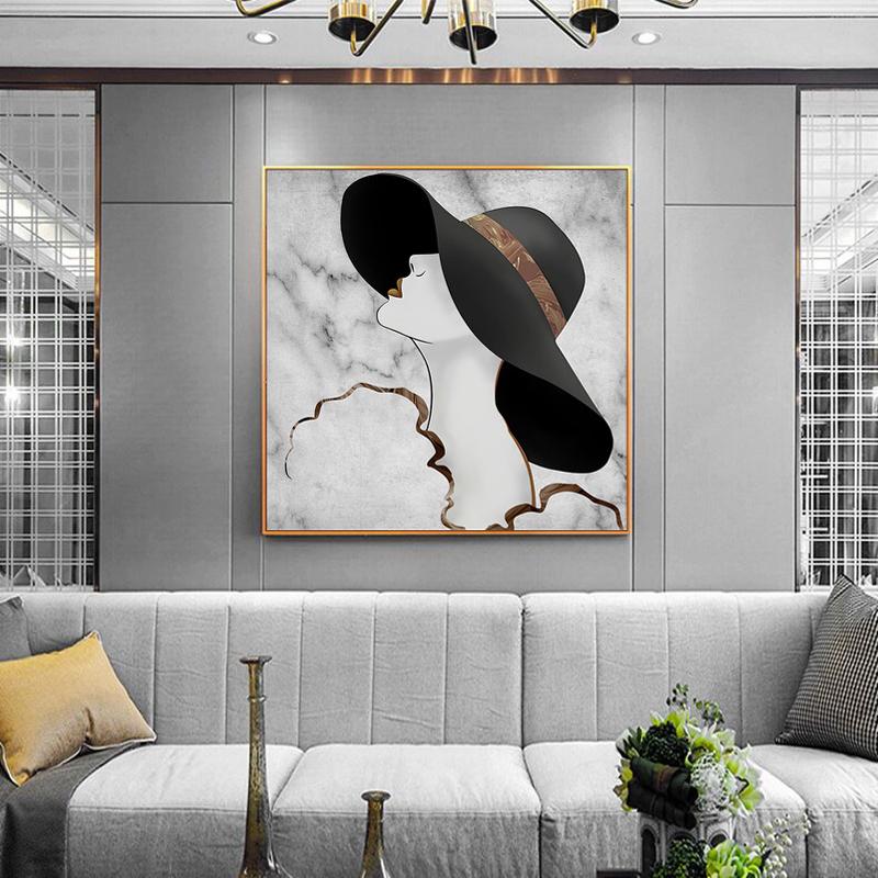 Abstract Lines Marble Pattern Decorative Canvas Painting of Women Waring Hats and Red Lips Posters and Prints Wall Art Cuadros