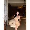 One-word Shoulder Hollow Lace Sleeveless Hip Dress with Chest Pad, Pure Desire, Sexy Temperament, Pleated and Thin Knitted Skirt
