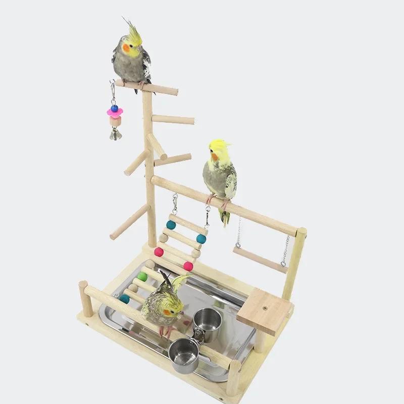 Parrot Playstand Hračky pro ptáčky Hračky pro ptáky Stojan Korela Dětské hřiště Dřevěný bidélko Dětské hřiště Žebřík s kovovým krmným talířem Hračka