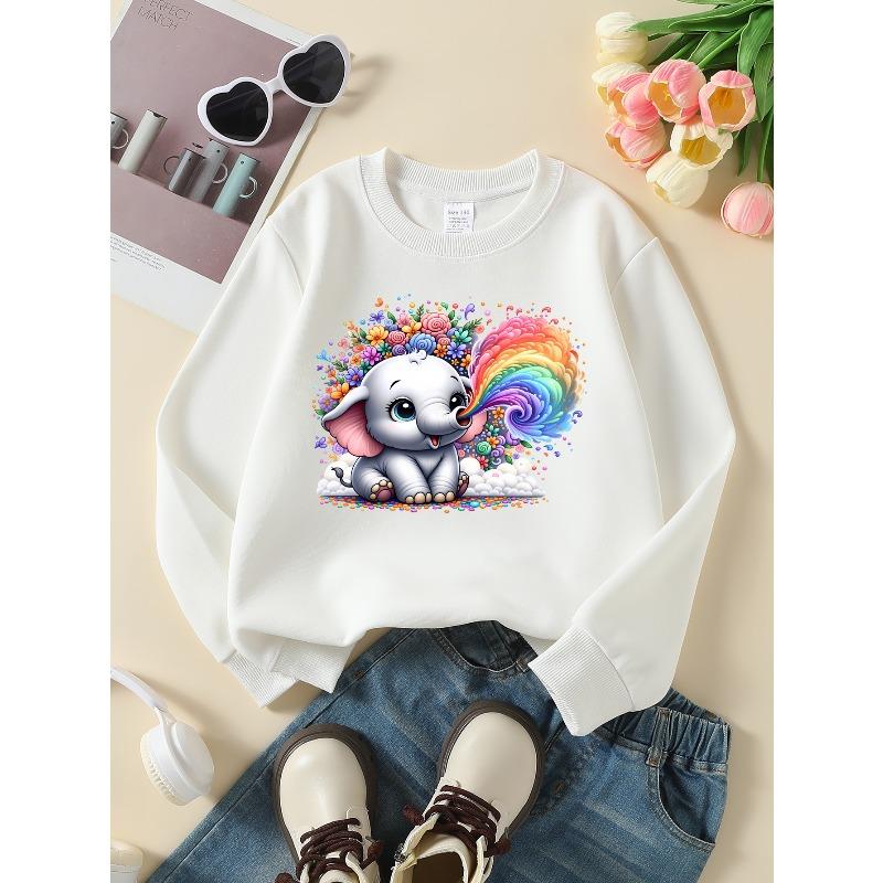 Kids Sweatshirt ,Crew Neck Fashion Top, Fun"Cute Elephant Rainbow Flowers " Patterned Sweatshirt for Everyday Casual Wear