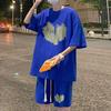 2Pcs/Set Men Summer Outfit Round Neck Short Sleeve Tops Wide Leg Shorts Set Heart Pattern Loose Fit Tracksuit