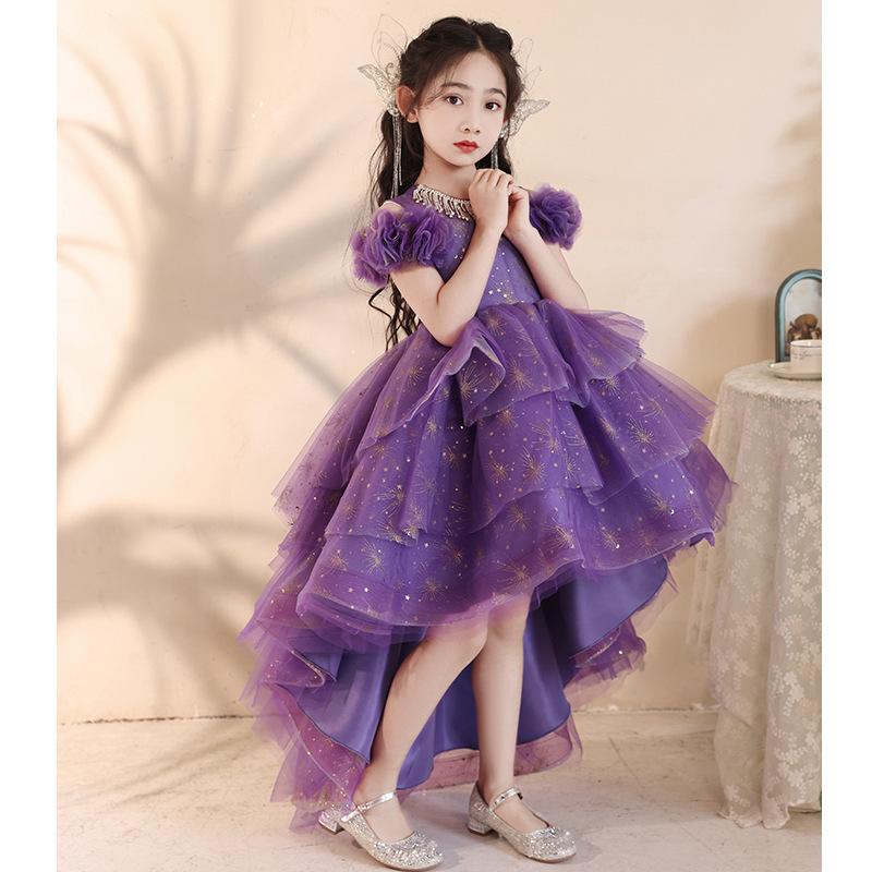 Kids Purple French Princess Evening Gown, Girls Host Wedding Flower Girl Piano Dress