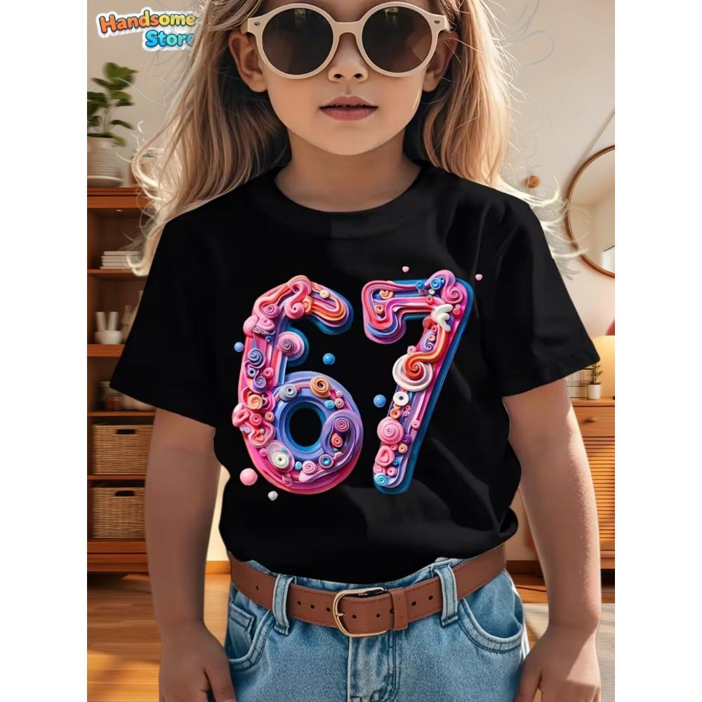 67 Meme T-shirt för Pojkar Flickor Mode Stänkt Bläck 3D-tryck Flickas Kortärmade T-shirts Rundhalsade Toppar Löst Barnkläder