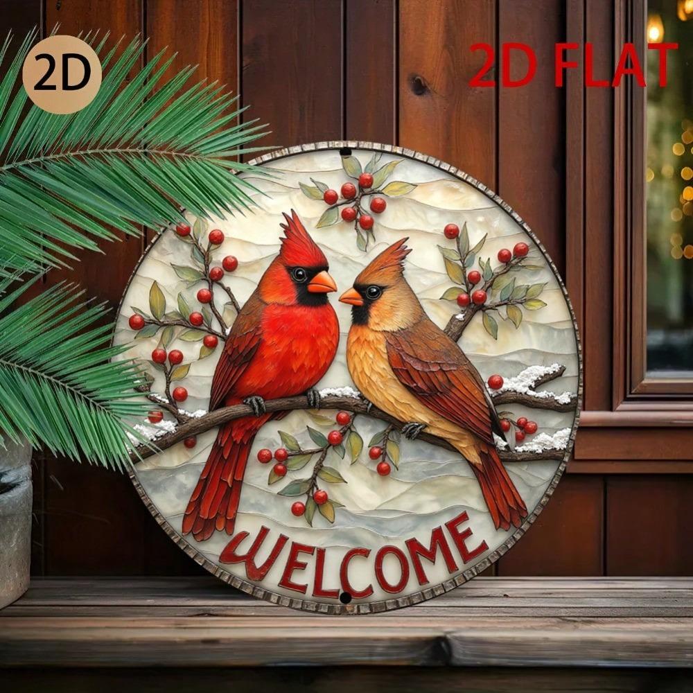 3D Cardinal Metal Wall Art Winter Berries Welcome Sign Home Porch Decoration