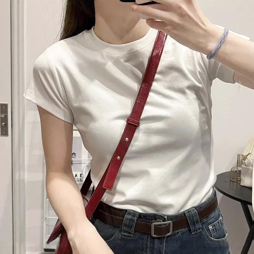 Front shoulder crew neck T-shirt women's 2026 new pure cotton basic short-sleeved top, summer versatile base, thin and slim