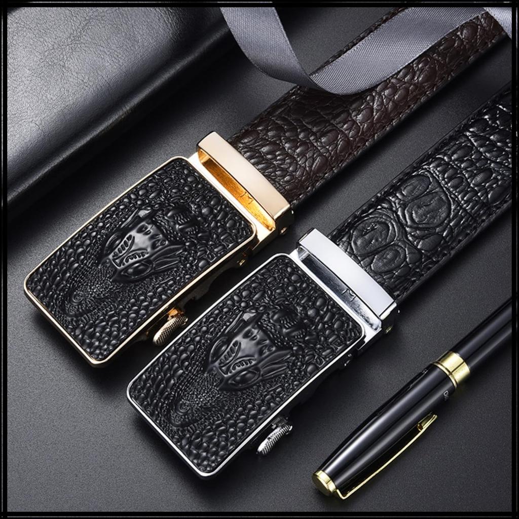 [White Fang] Belt, Automatic Buckle, Genuine Leather, Crocodile, Business, Simple, Alloy, Formal, Men's BTA500 (Black)