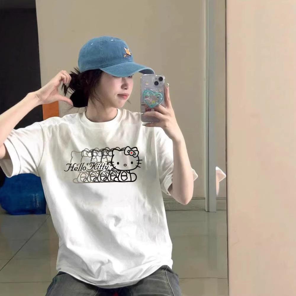 Cotton Kitty Cat White Short-sleeved T-shirt Women's Summer American High Street Design Sense Niche Half-sleeved Loose Top
