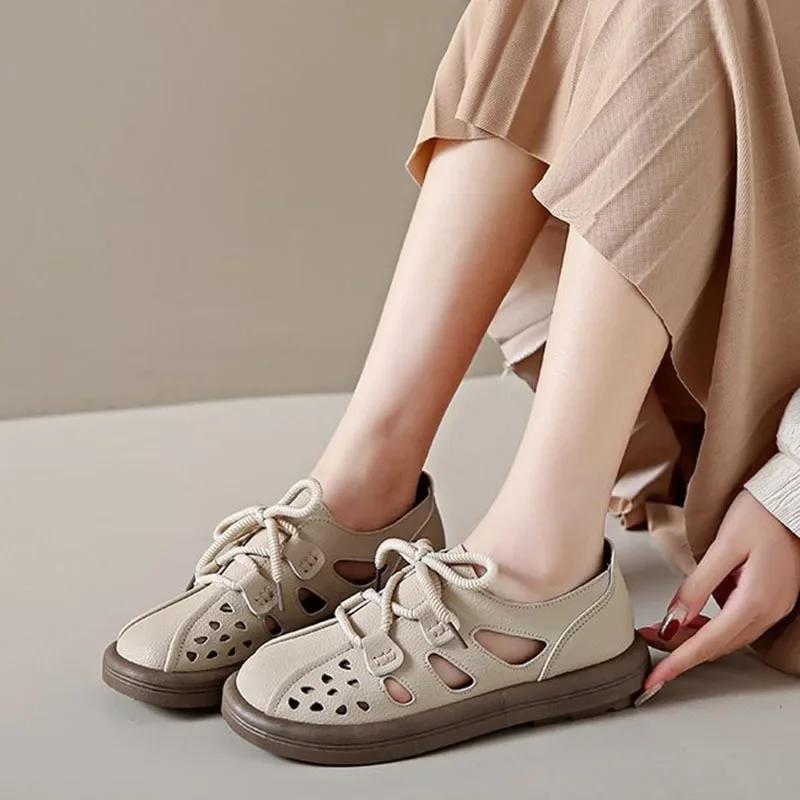Pu Leather Hollow Roman Sandals Women 2024 Summer Breathable Retro Shoes Women Thick Sole Sports Casual Sandalias De Mujer