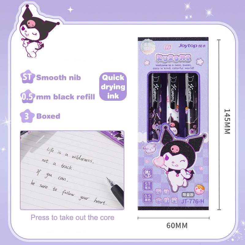 3Pcs/Box Kawaii Kuromi Melody Pressing Gel Pens Set Cute Cartoon 0.5Mm Black Ink Neutral Pens Student Stationery Office Supplies