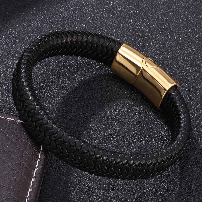 New Men Black Leather Bracelet Man Stainlees Steel Buckle Cuff Bracelets Bangles Male Jewelry Gifts