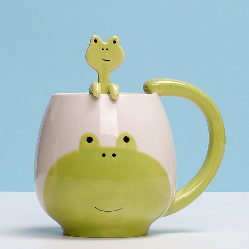 Hand-Painted Ceramic Coffee Cup Set Cartoon Panda Frog Cat Fox Pig Designs Couple's Matching Mugs with Teaspoons Kids Drinking