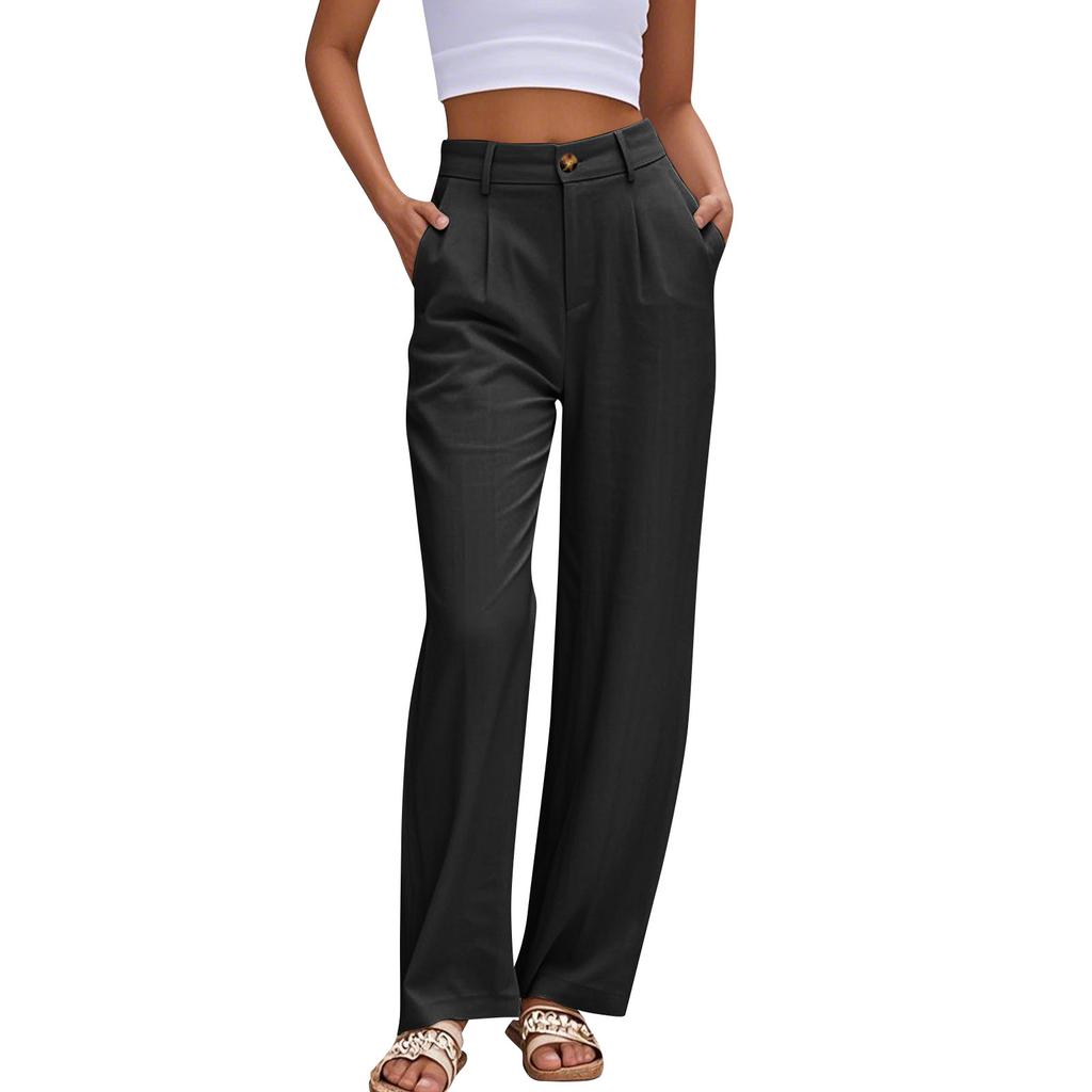 Women's Linen Casual High Waist Wide Leg Straight Dress Cotton Linen Pants Button Trousers