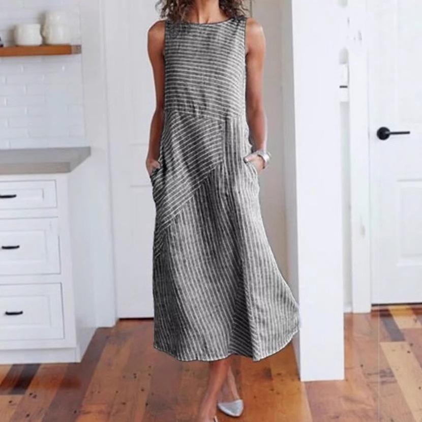 Damen Ärmelloses Baumwollkleid Locker Lässig Einfarbig Bequem A-Linien-Kleid mit Taschen