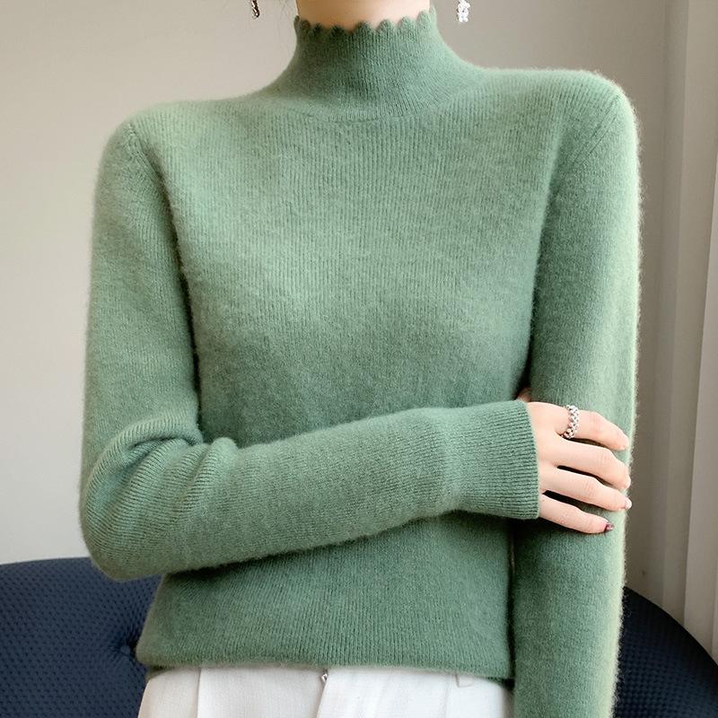 

New Autumn and Winter Lace Half-turtleneck Sweater for Women Andy Velvet Skin-friendly Warm Base Top Slim and Age-reducing Sweater S