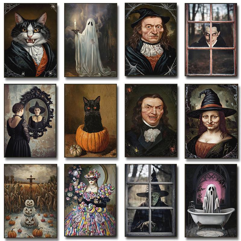 Dark Vintage Witch Halloween Posters Haunted House Pumpkin Girl Creepy Mansion Canvas Painting Wall Art Pictures Home Room Decor
