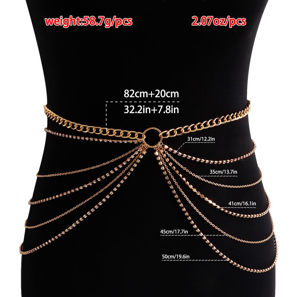 European and American Jewelry Sexy Geometric U-shaped Body Chain, Exaggerated Personality Multi-layer Rhinestone Chain Fringed Waist Chain for Women