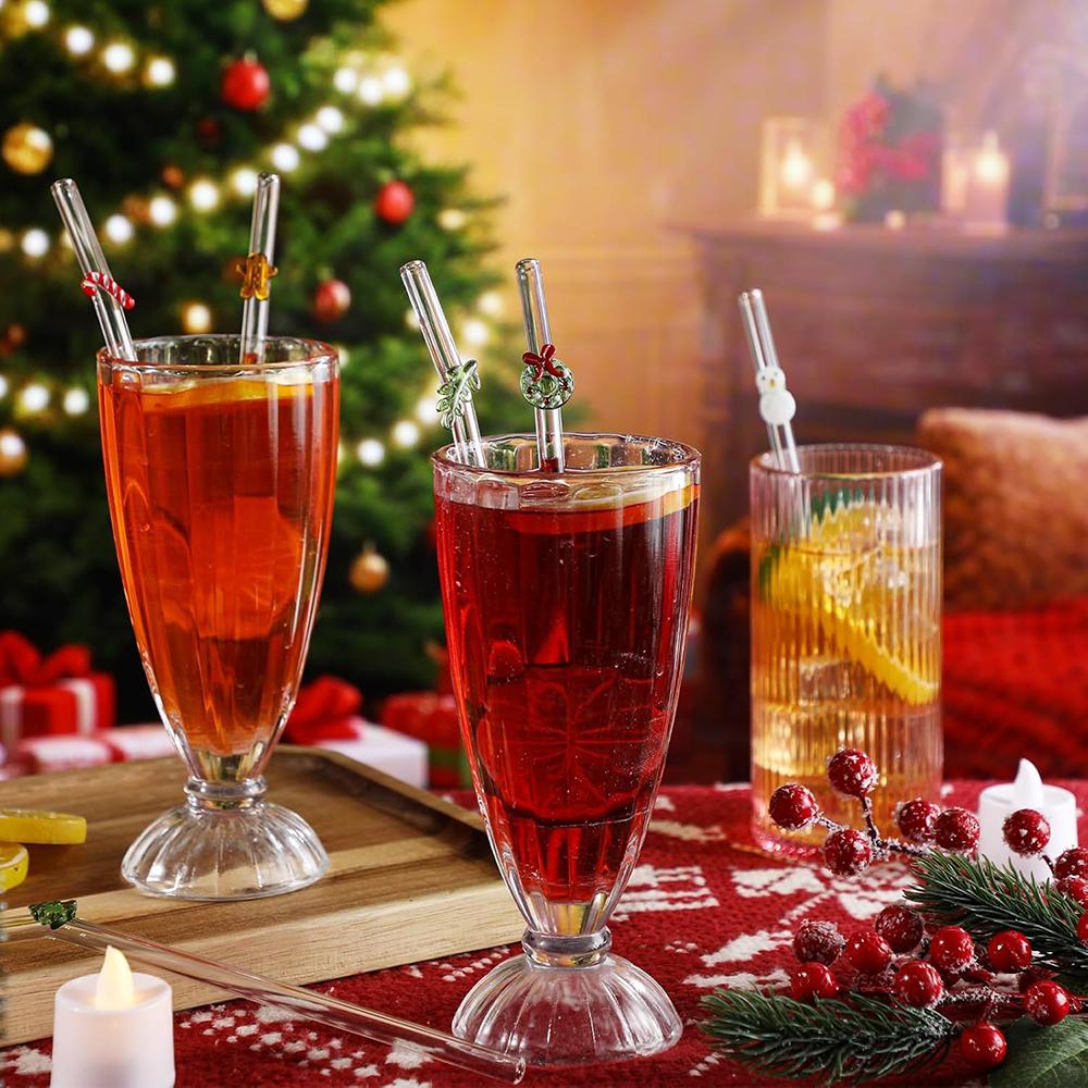 6Pcs/Set Christmas Design Reusable Straws Glass Straws with Cleaning Brush for Smoothies Milkshakes Juices Bar Accessories Set