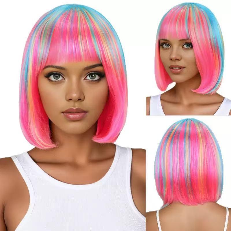 Multicolor Bob Wig for Women - Short Straight Hair, Party & Cosplay Style