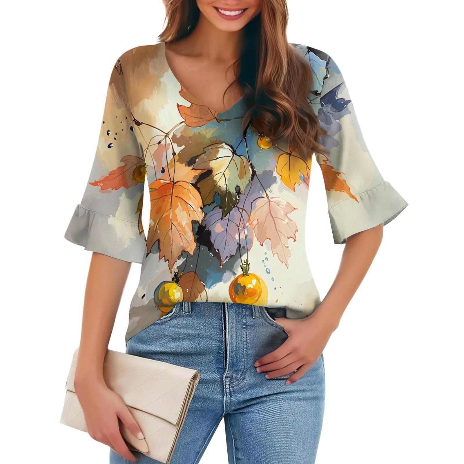 

Женская повседневная модная футболка с V-образным вырезом, свободная, для поездок на работу, с цветочным принтом и рукавами-пятью точками M