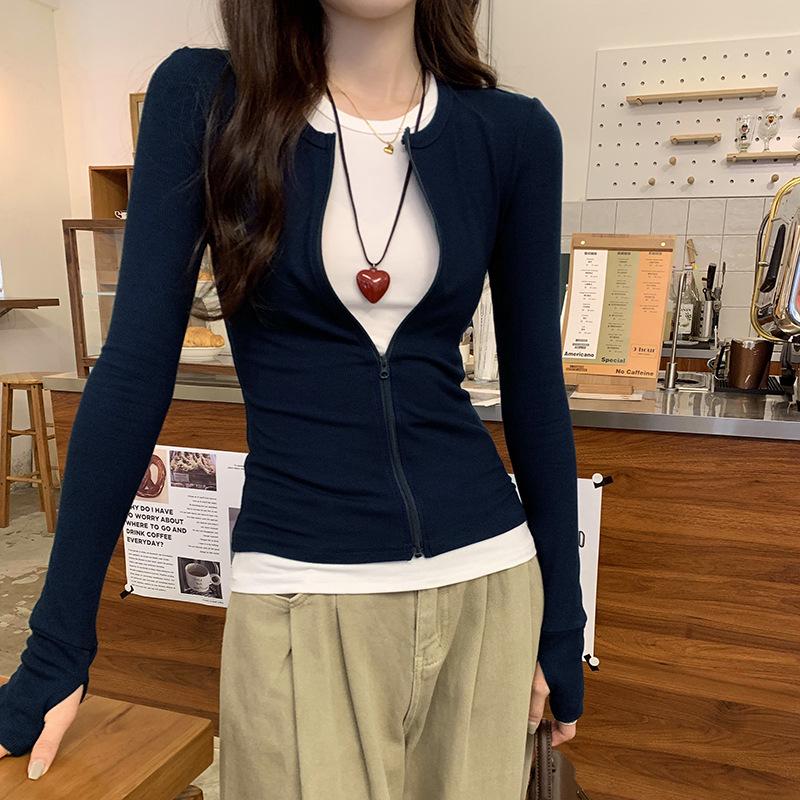 Women's Korean Style Colorblock Zip-Up Cardigan Long Sleeve T-Shirt - Autumn/Winter 2024 Slimming Top