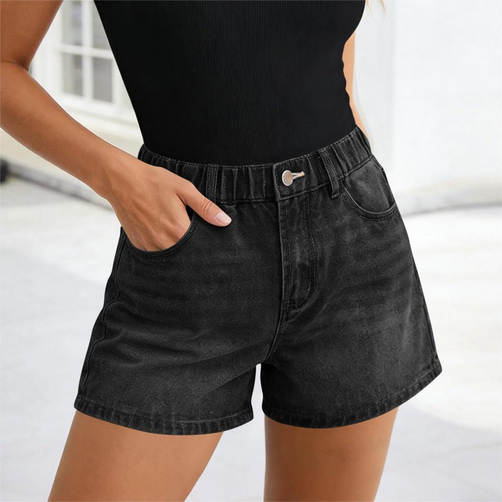 Women’s Denim Shorts High Waist Elastic Waistband Casual Loose Fit Five Pocket Design Button Fly Summer Shorts