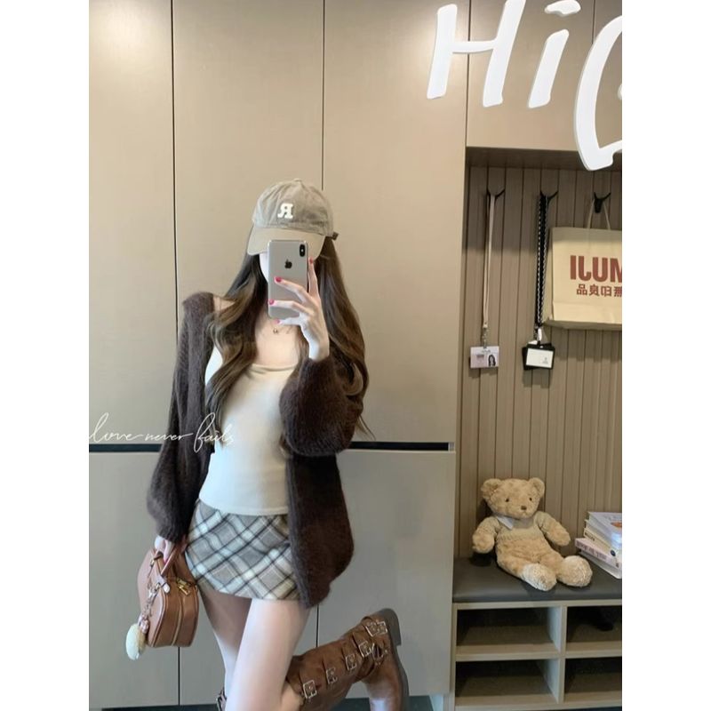 Kumikumi Idle Style Brown Knitting Cardigan Sweaters Women's Clothing Fall Easiest for Match Loose Slim-Fit Casual Shirt