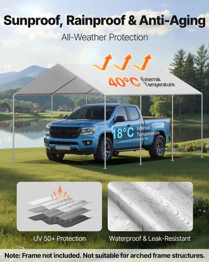 Carport Replacement Canopy, 3 x 6 m Potable Garage Tent Top Tarp, UV-Resistant & Waterproof Car Shelter Tarp, Heavy Duty Car Port Cover with Ball