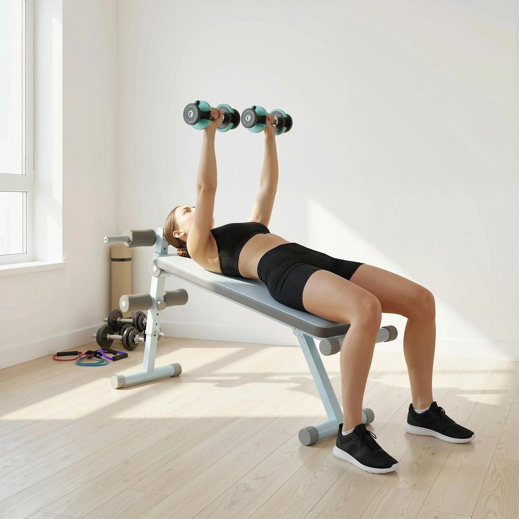 Weight Bench, Adjustable Flat Bench, 3 Seat Levels, Blue and White
