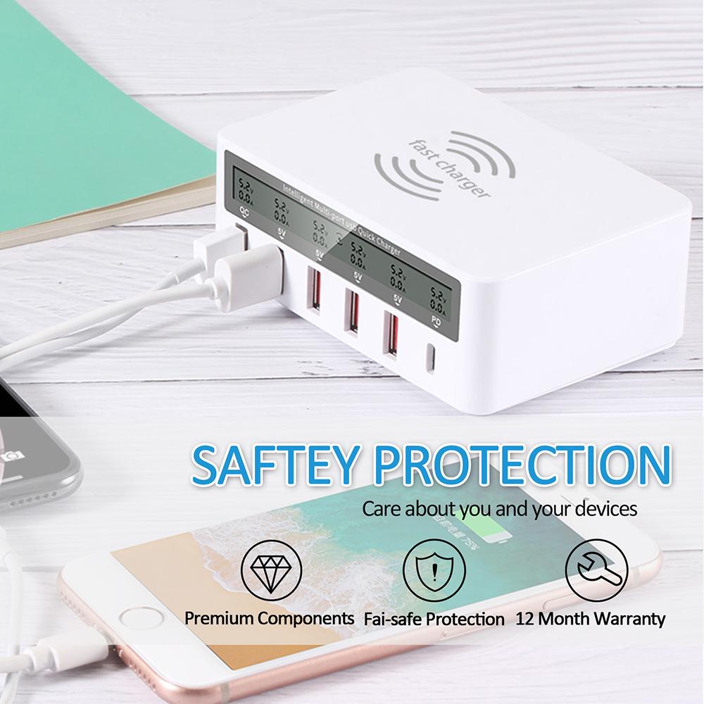 USB PD QC Charger Adapter Wireless Charger 6 Ports Fast Charging Station for IPhone 16/15/14 Pro Max IPad, Samsung Huawei