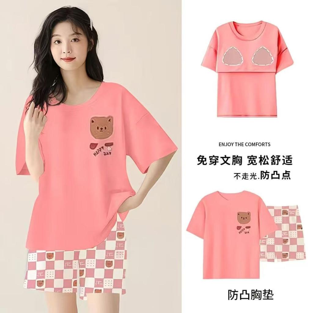Pajamas with chest pads women's summer 1011 new women's short-sleeved thin loungewear summer