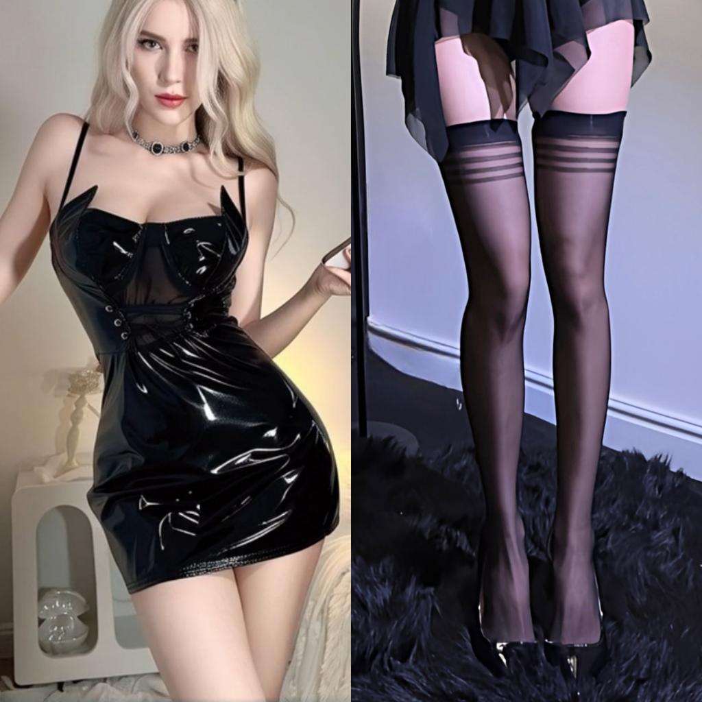 Sex Unterwäsche Sexy Netzstoff Spleißung PU Glänzendes Leder Skinny Ultra Kurz Hüftwickel Halloween Kleid Flirten Sex Spaß Kostüm