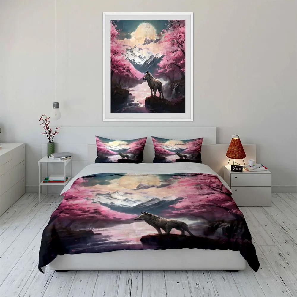 Wolf Sakura Mountain Art Decor Soft Comfortable Duvet Cover Bedding Set Included 1*Duvet Cover & 2*Pillowcases Gift