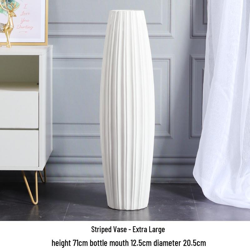 Nordic Minimalist Ceramic White Floor Vase for Dried Flowers and Lucky Bamboo, Living Room Decor